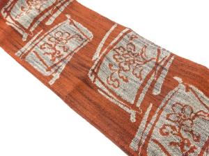 リサイクル　手織り真綿紬枡に花模様織出し名古屋帯